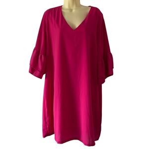 Bright Pink Crepe Dress with Short Ruffled Sleeves Romantic Feminine Size XXL